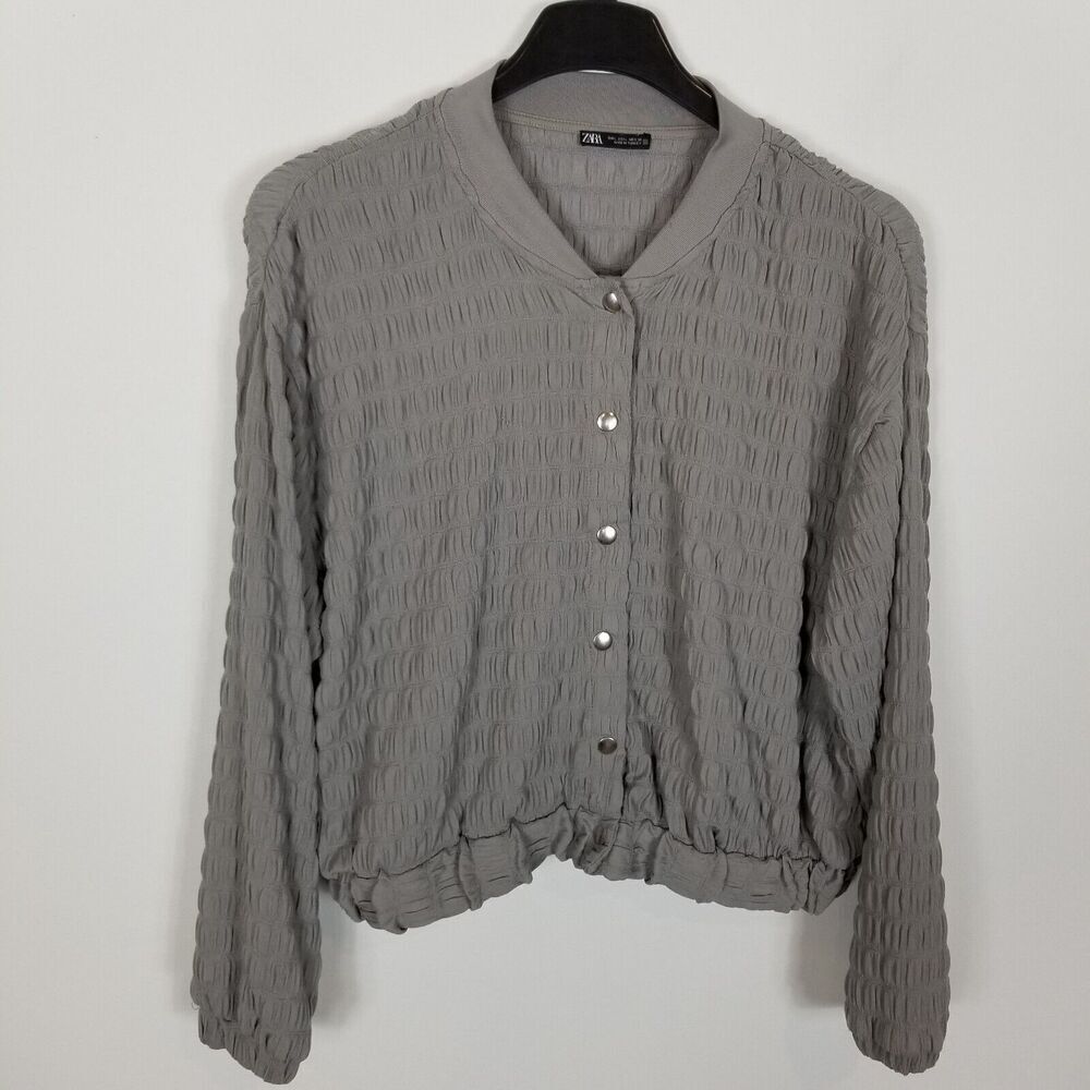 Zara Women Textured Light Bomber Jacket Size L Gray Snap Front Gauzy Boho